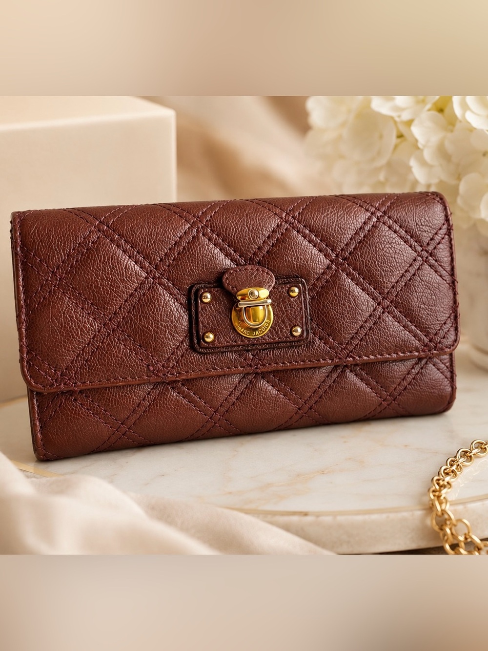 Authentic Marc Jacobs Quilted Leather Continental Wallet Brown Gold Hardware